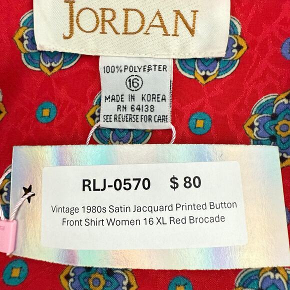 Vintage 1980s Satin Jacquard Printed Button Front Shirt Women 16 XL Red Brocade - Picture 5 of 10